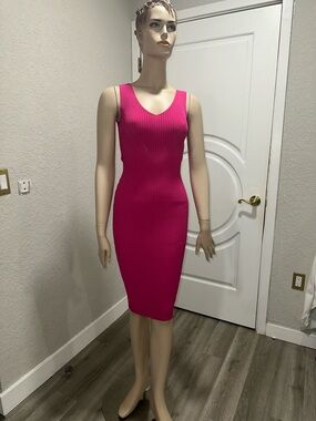 Michael Kors Hot Pink Ribbed Sleeveless Midi Dress